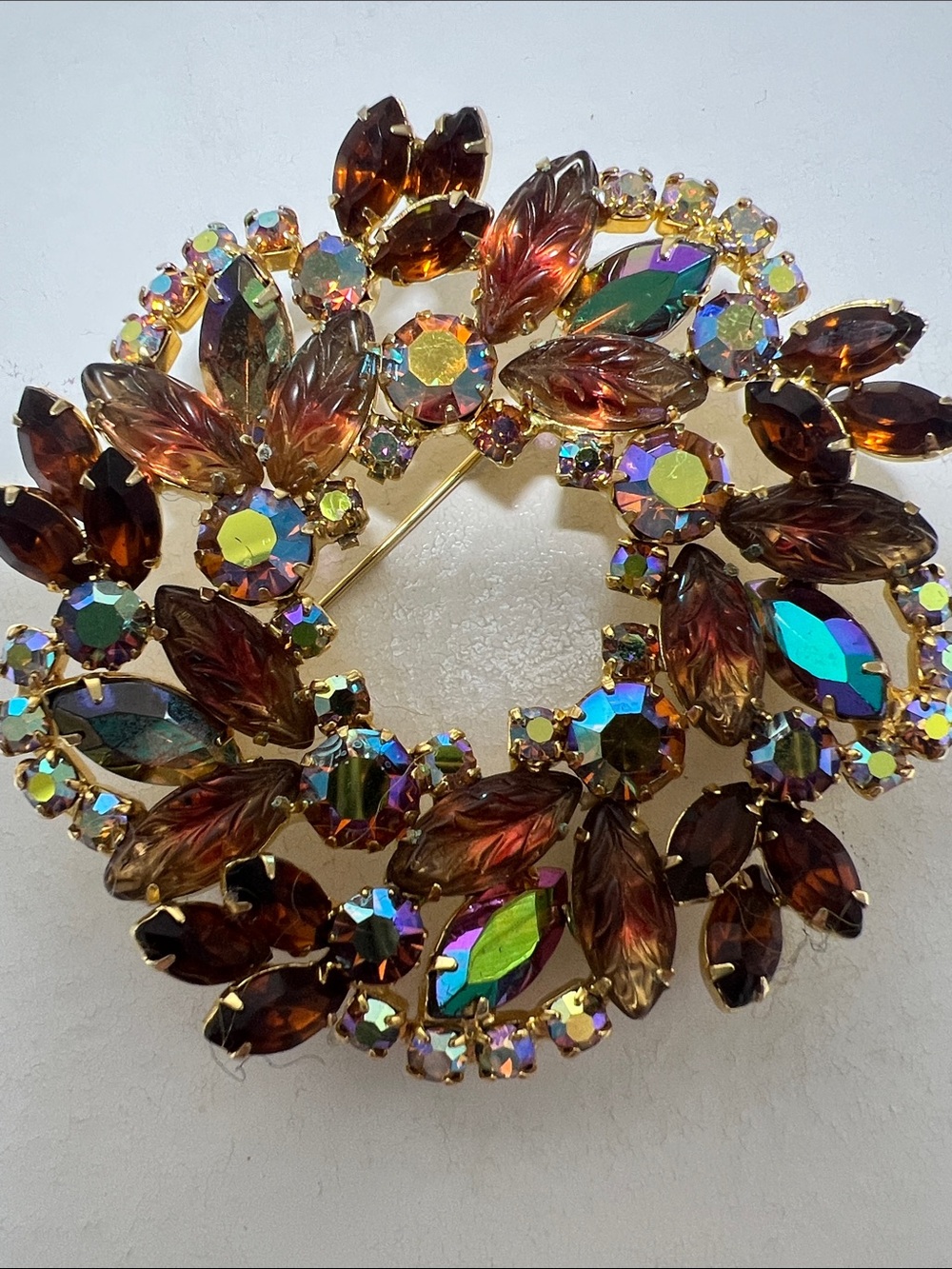 Crystal Vintage Wreath Brooch - Amber and Aurora Borealis